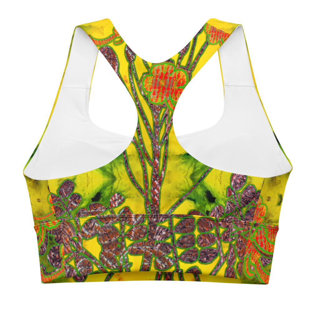 River Jade Smithy, by River Jade Smith Travis Huffaker, RJSTHFabric #1 ,  stunning, handmade, print on demand, longline sports bra,  bright yellow jade, swirls of green stone,  compose this custom print on demand fabric.   Created from the colors of actual Jade.   Built by RJSTH from original images. Sports wear, lingerie, active wear, a hint of magic.   back, Decorated with orange flowers on woven copper stems adorn the image.  Windsong Flower Collection on RJSTH@Fabric #1