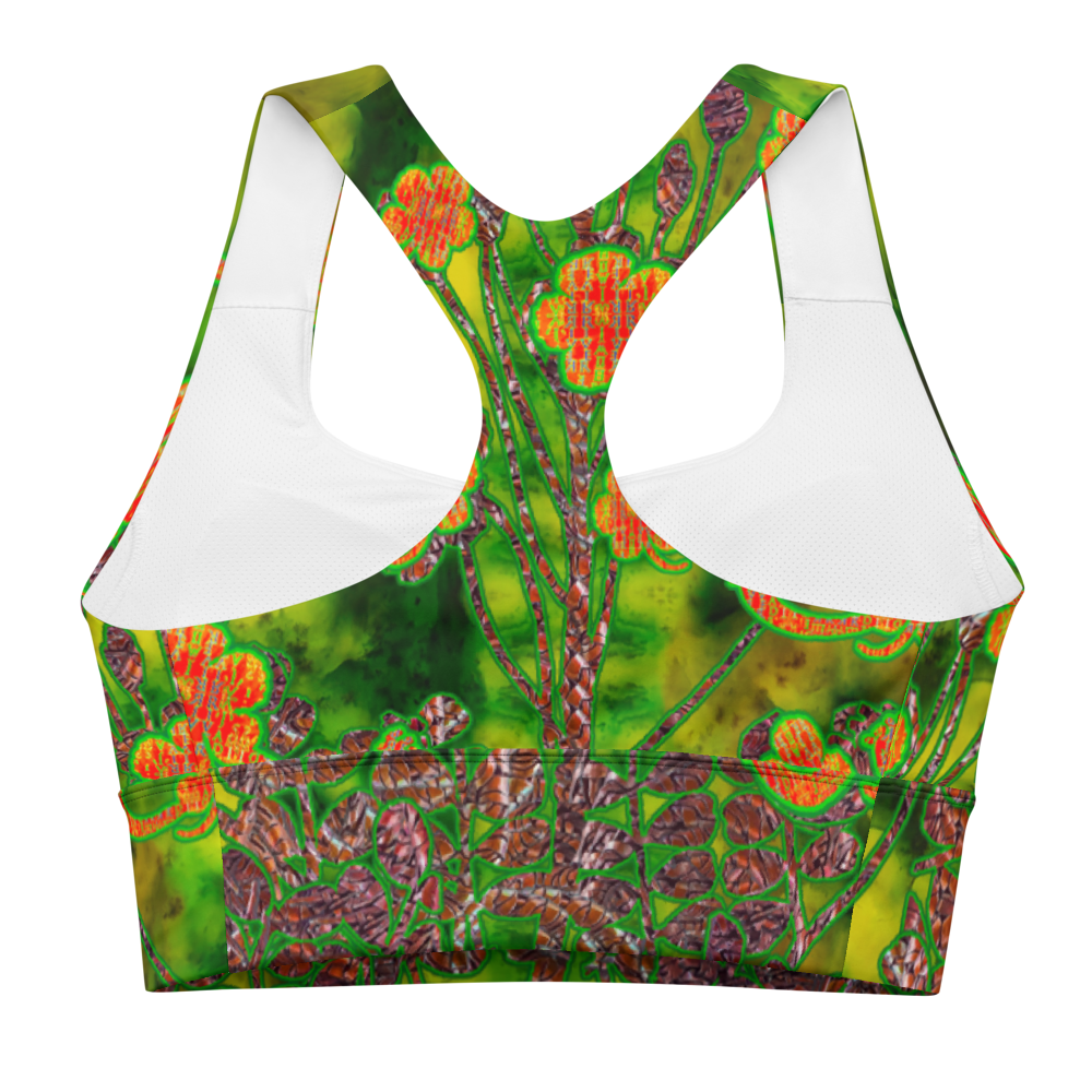 River Jade Smithy, by River Jade Smith Travis Huffaker, RJSTHFabric #3 ,  stunning, handmade, print on demand, longline sports bra,  bright green jade, swirls of darker green stone,  compose this custom print on demand fabric.   Created from the colors of actual Jade.   Built by RJSTH from original images. Sports wear, lingerie, active wear, a hint of magic.   Front, Decorated with orange flowers on woven copper stems adorn the image.  Windsong Flower Collection on RJSTH@Fabric #3, back