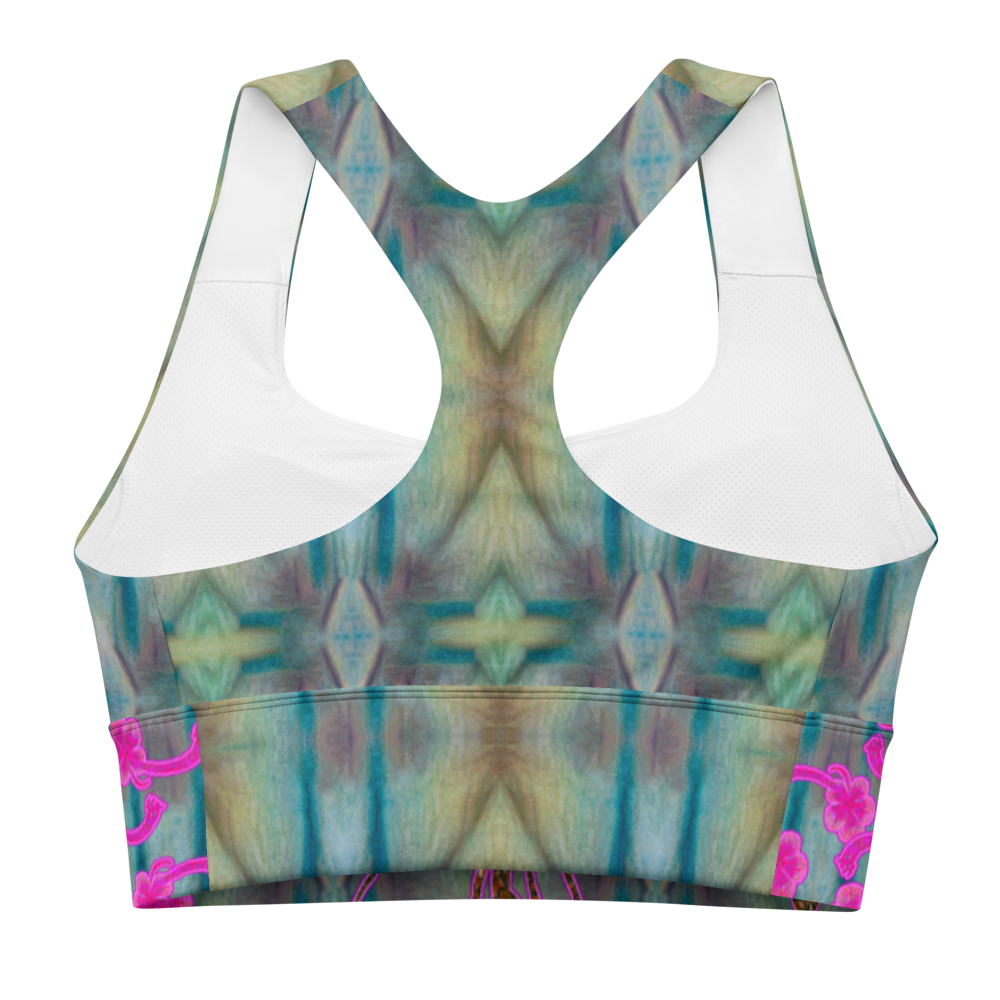 River Jade Smithy by River Jade Smith Travis Huffaker, RJSTH@Fabric #9 , stunning, handmade, print on demand, longline sports bra, abstract geometries of crackle glass blues, kiln smoke grays, mottled deep greens compose this custom fabric.   Created from the colors of Raku sculpture. Built by RJSTH from original art. Sports wear, lingerie, active wear, a hint of magic.   Images of pink flowers on woven copper stems (Windsong) adorn the image.  Windsong Flower Collection on RJSTH@Fabric#9, back