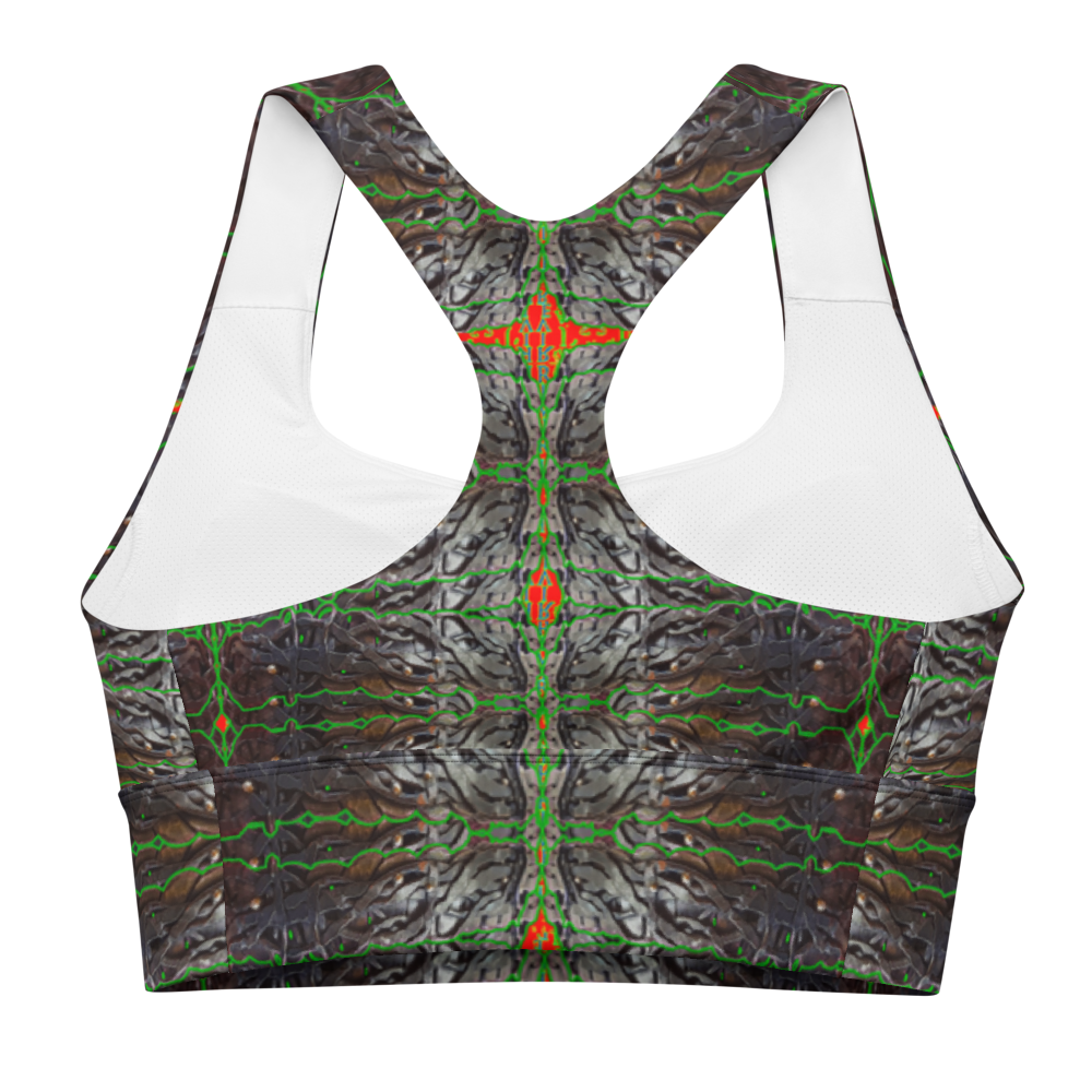 River Jade Smithy, by River Jade Smith Travis Huffaker,  Tree Link w/  Rind#3, glorious, elegant shape handmade, print on demand, longline sports bra, Tree Link, images of bands of Hammered weaves of dark copper, silver beads, with a rind of green with orange cutouts, compose this custom print fabric.   Created from RJSTH Smithed Jewelry. Sportswear, lingerie, active wear, a hint of magic  Plus size included!  Tree Link Collection with Rind #3, companion to RJSTH@Fabric#3, back