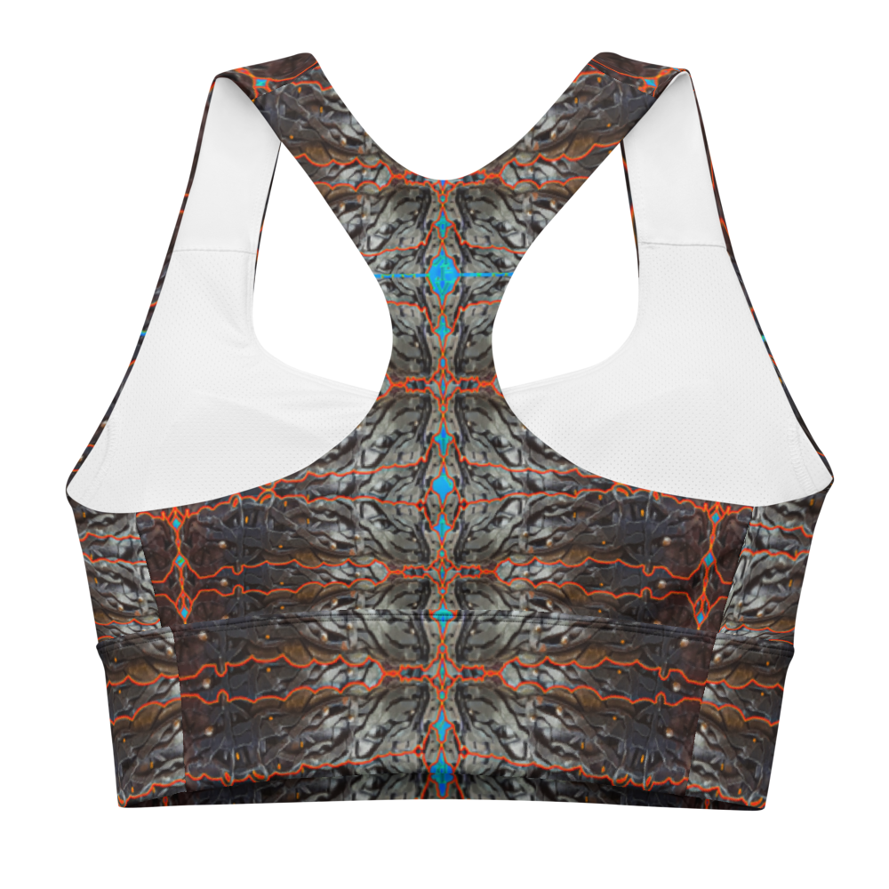 River Jade Smithy, by River Jade Smith Travis Huffaker,  Tree Link w/  Rind#12, glorious, elegant shape, handmade, print on demand, longline sports bra, Tree Link, images of bands of Hammered weaves of dark copper, silver beads, with a rind of brown with blue cutouts, compose this custom print fabric.   Created from RJSTH Smithed Jewelry.   Sportswear, lingerie, active wear, a hint of magic.  Plus size included!  Tree Link Collection with Rind #12, companion to RJSTH@Fabric#12, back