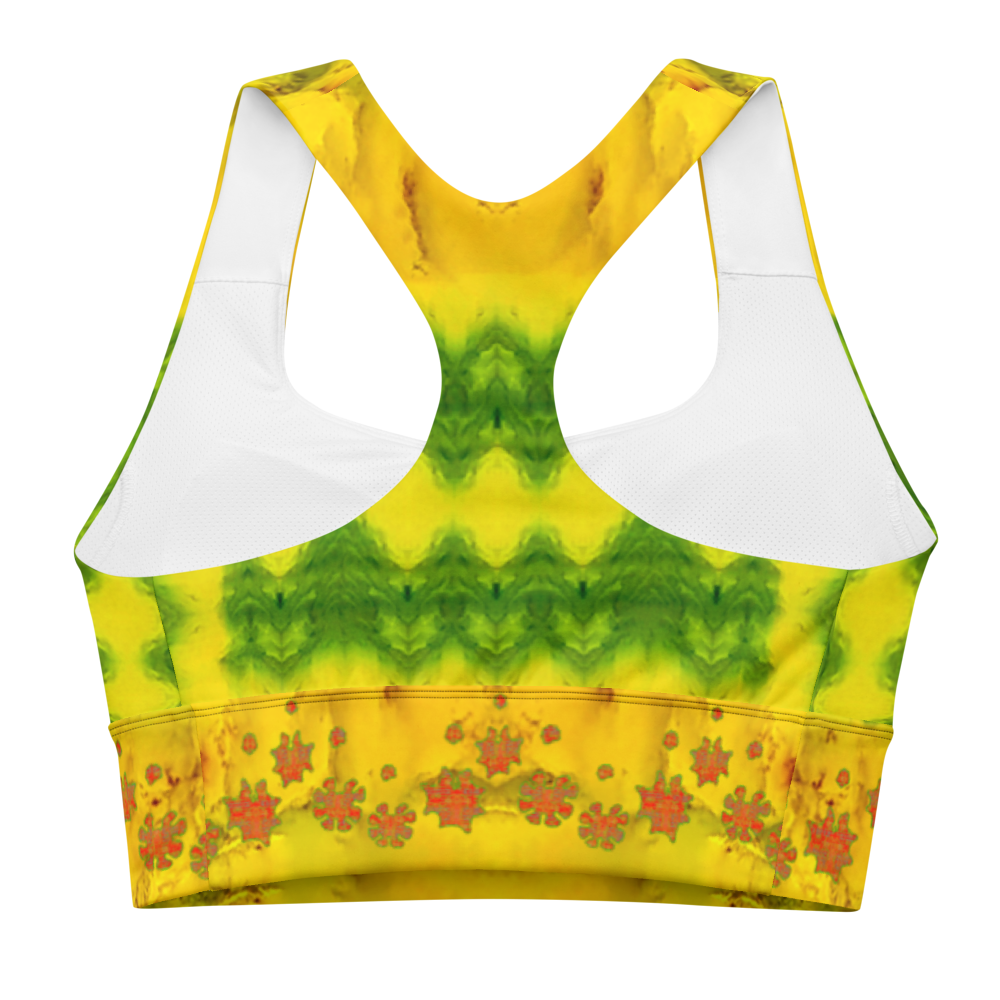River Jade Smithy, by River Jade Smith Travis Huffaker, RJSTHFabric #1 , stunning, handmade, print on demand, longline sports bra, bright yellow jade, with square and swirl shape, swirls of green stone, compose this custom print on demand fabric. Created from the colors of actual Jade. Built by RJSTH from original images. Sports wear, lingerie, active wear, a hint of magic. Back, Decorated with orange grail flowers, adorning the bottom of the sports bra. Grail Flower Collective, on RJSTH@Fabric #1