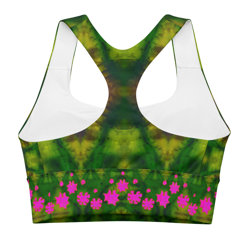 River Jade Smithy, by River Jade Smith Travis Huffaker, RJSTH@Fabric #7, stunning, handmade, print on demand, longline sports bra,  deep green jade, swirls of lighter green & darker purple,  compose this custom print on demand fabric.   Created from the colors of actual Jade.   Built by RJSTH from original images. Sports wear, lingerie, active wear, a hint of magic. Decorations of pink grail flowers, dot the bottom of the sports bra. Grail Flower Collective, on RJSTH@Fabric#7, back