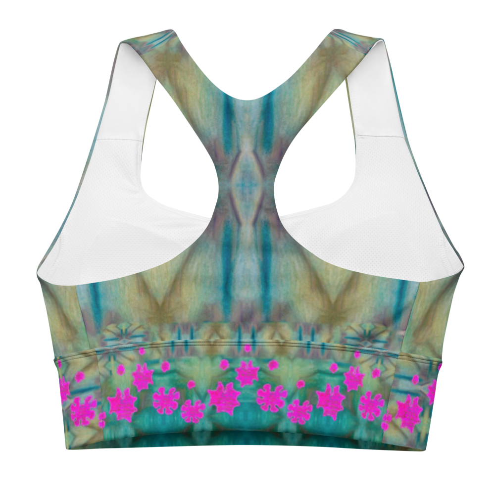 River Jade Smithy by River Jade Smith Travis Huffaker, RJSTH@Fabric #9, stunning, handmade, print on demand, longline sports bra, abstract geometries of crackle glass blues, kiln smoke grays, mottled deep greens compose this custom fabric.   Created from the colors of Raku sculpture. Built by RJSTH from original art. Sports wear, lingerie, active wear, a hint of magic.  Pink grail flowers, dot the bottom of the sports bra. Grail Flower Collective, on RJSTH@Fabric#9, back