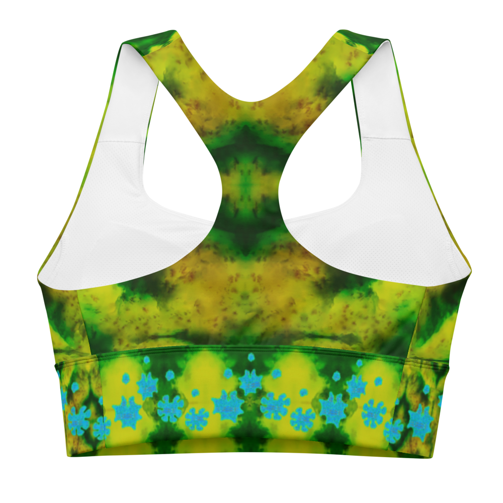 River Jade Smithy by River Jade Smith Travis Huffaker, RJSTH@Fabric #10, stunning, handmade, print on demand, longline sports bra,  waves of green jade, swirls of lighter green, mottled with red and yellow jade spots, compose this custom print on demand fabric.   Created from the colors of actual Jade.   Built by RJSTH from original images. Sports wear, lingerie, active wear, a hint of magic. Decorations of blue grail flowers, dot the bottom of the sports bra. Grail Flower Collective, RJSTH@Fabric#10, back