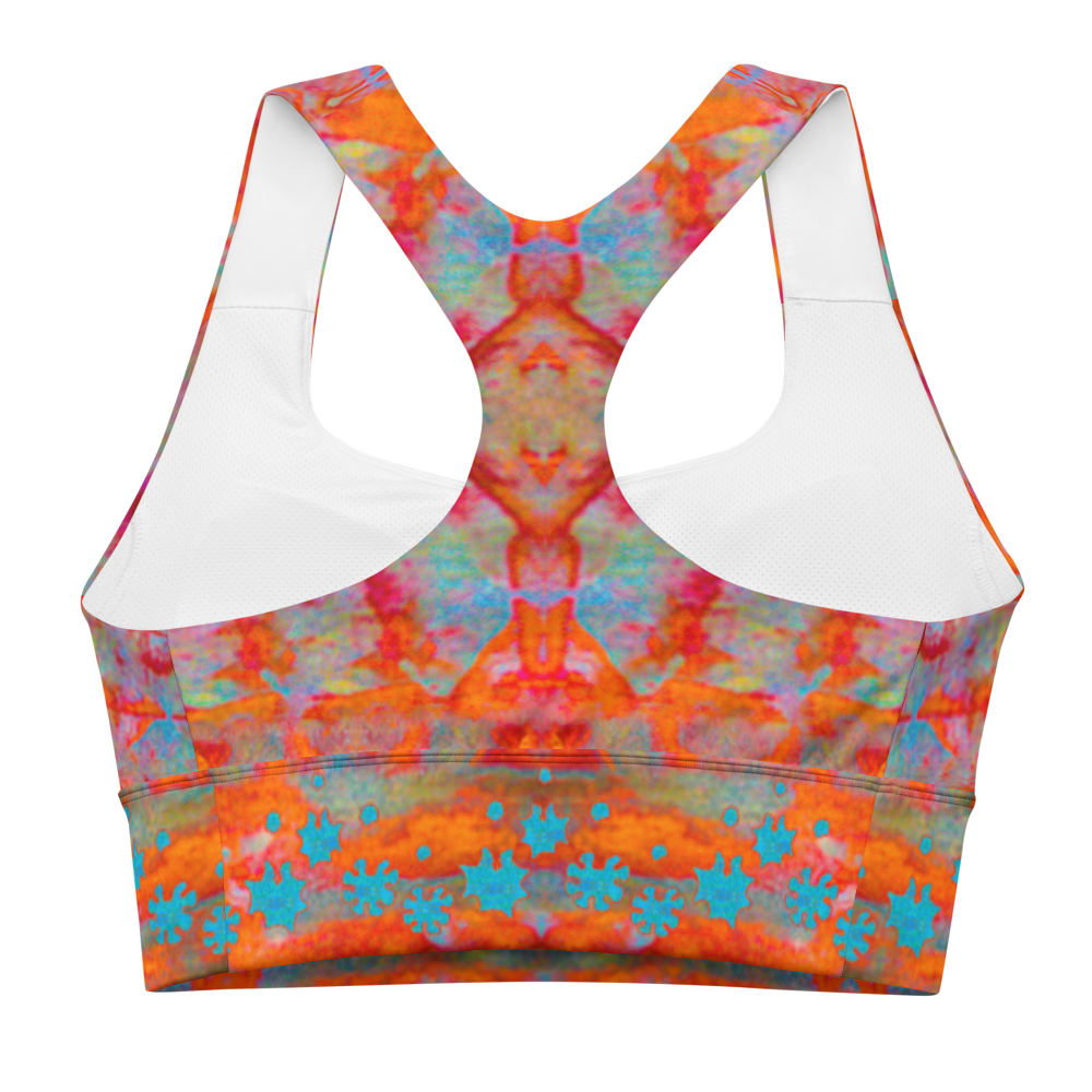 River Jade Smithy by River Jade Smith Travis Huffaker, RJSTH@Fabric #12, stunning, handmade, print on demand, longline sports bra, Fire reds, oranges, kiln smoke gray and blues compose this custom fabric.  Created from the colors of Raku sculpture. Built by RJSTH from original art. Sports wear, lingerie, active wear, a hint of magic.  Blue grail flowers, dot the bottom of the sports bra. Grail Flower Collective, on RJSTH@Fabric#12, back