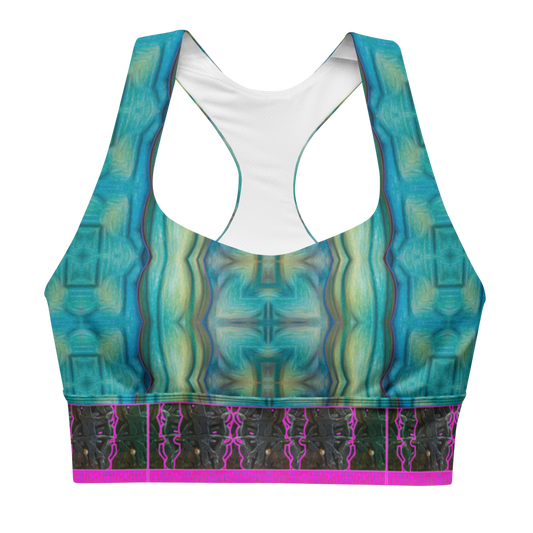 River Jade Smithy by Travis Huffaker, RJSTH@Fabric #9 stunning, handmade, print on demand, longline sports bra, abstract geometries of crackle glass blues, kiln smoke grays, mottled deep greens compose this custom fabric.   Colors of Raku sculpture. Built by RJSTH from original art. Pink stripe at the bottom of the bra, Tree Link, band above the  stripe and below the cleavage.  Composed of woven layers of copper and silver smithed flattened braid. Sports wear, lingerie, active wear, a hint of magic., front