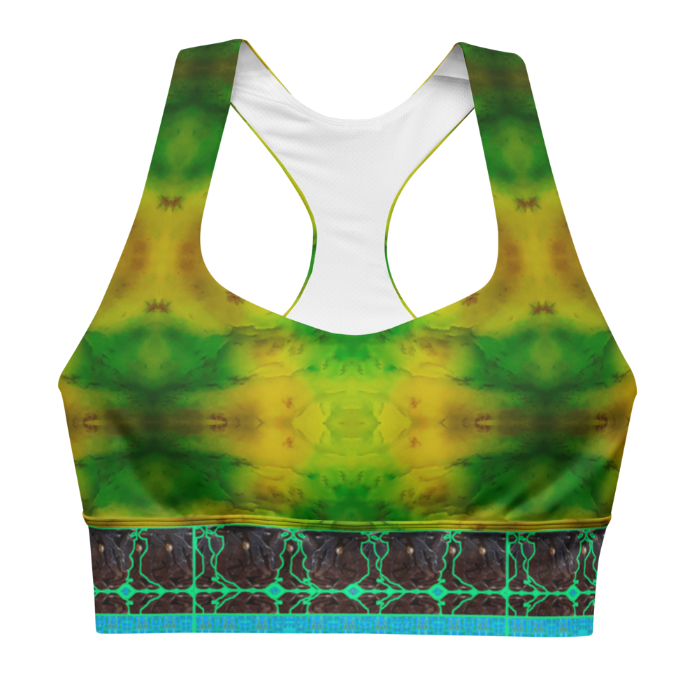 River Jade Smith by Travis Huffaker, RJSTH@Fabric#10, stunning, handmade, print on demand, longline sports bra, geometries of green jade, lighter green, mottled with red and yellow jade spots, compose this custom print on demand fabric.   Colors of actual Jade, blue stripe at the bottom of the bra, Tree Link, band above the  stripe, composed of woven layers of copper and silver smithed flattened braid., jeweled jade patterns above, from original art. Sports wear, lingerie, active wear, a hint of magic.