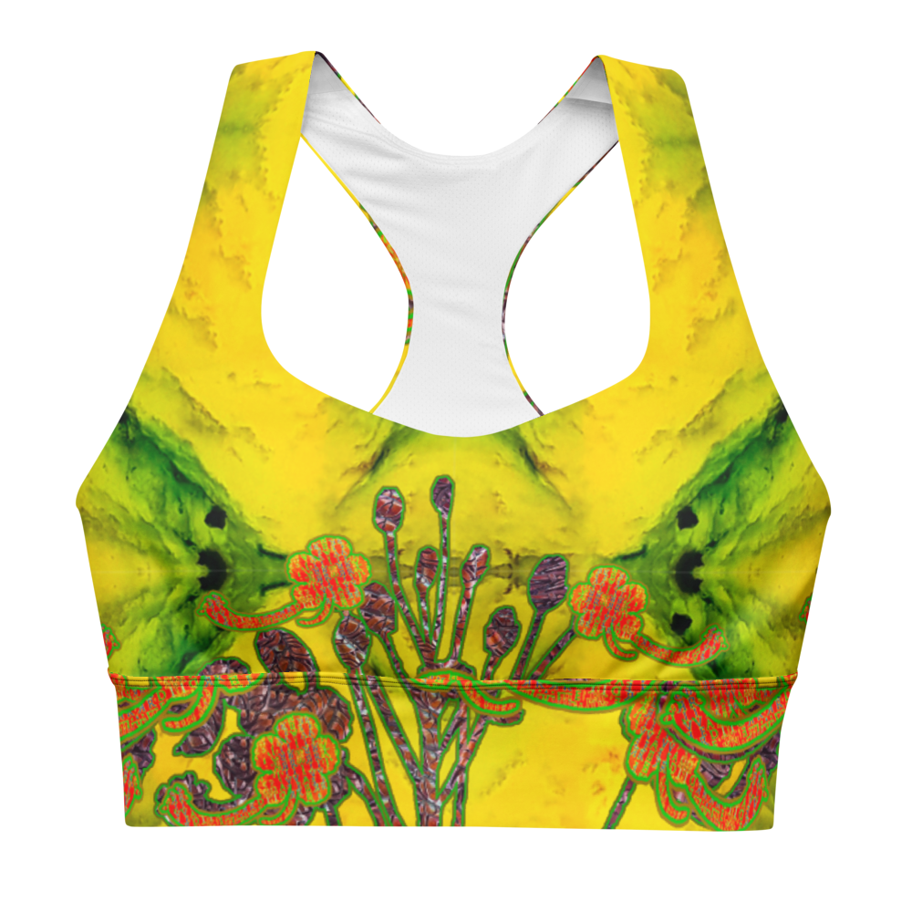 River Jade Smithy, by River Jade Smith Travis Huffaker, RJSTHFabric #1 ,  stunning, handmade, print on demand, longline sports bra,  bright yellow jade, swirls of green stone,  compose this custom print on demand fabric.   Created from the colors of actual Jade.   Built by RJSTH from original images. Sports wear, lingerie, active wear, a hint of magic.   Front, Decoratde with orange flowers on woven copper stems adorn the image.  Windsong Flower Collection on RJSTH@Fabric #1