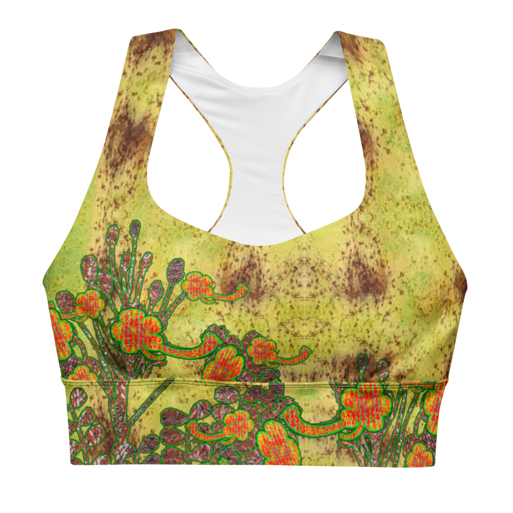 River Jade Smithy, by River Jade Smith Travis Huffaker, RJSTHFabric #2 ,  stunning, handmade, print on demand, longline sports bra,  green, moss like, swirls of green with brown spots,  compose this custom print on demand fabric.   Created from the colors of Raku sculpture.   Built by RJSTH from original images. Sports wear, lingerie, active wear, a hint of magic.    Decorated with orange flowers on woven copper stems adorn the image.  Windsong Flower Collection on RJSTH@Fabric #2, front