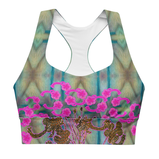 River Jade Smithy by River Jade Smith Travis Huffaker, RJSTH@Fabric #9 , stunning, handmade, print on demand, longline sports bra, abstract geometries of crackle glass blues, kiln smoke grays, mottled deep greens compose this custom fabric.   Created from the colors of Raku sculpture. Built by RJSTH from original art. Sports wear, lingerie, active wear, a hint of magic.   Images of pink flowers on woven copper stems (Windsong) adorn the image.  Windsong Flower Collection on RJSTH@Fabric#9, front