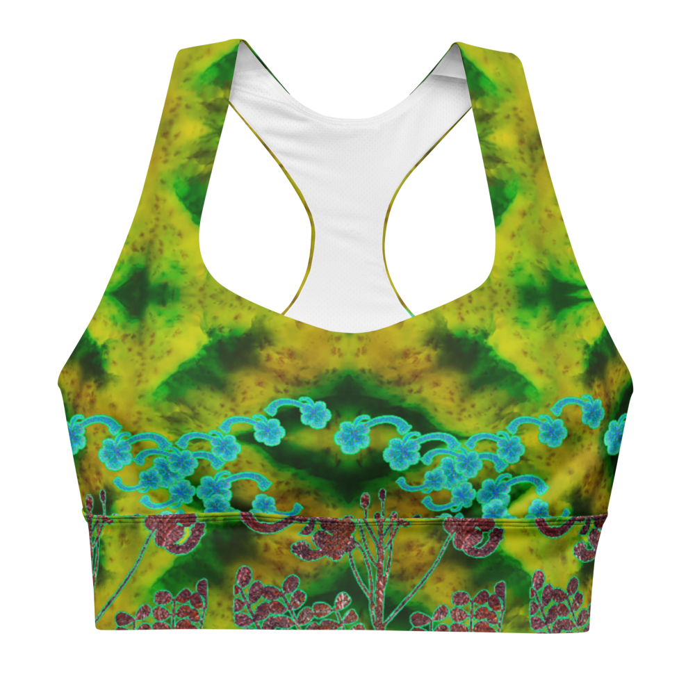 River Jade Smithy by River Jade Smith Travis Huffaker, RJSTH@Fabric #10 , stunning, handmade, print on demand, longline sports bra,  waves of green jade, swirls of lighter green, mottled with red and yellow jade spots,  compose this custom print on demand fabric.  Created from the colors of actual Jade.  Built by RJSTH from original images. Sports wear, lingerie, active wear, a hint of magic. Blue flowers on woven copper stems (Windsong) adorn the image.  Windsong Flower Collection on RJSTH@Fabric#10, front