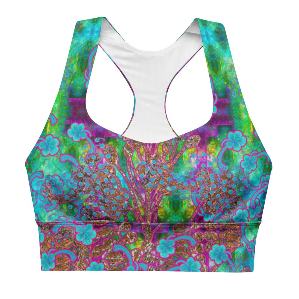 River Jade Smithy by River Jade Smith Travis Huffaker, RJSTH@Fabric #11 , stunning, handmade, print on demand, longline sports bra, Electric blues and purples in abstract geometries compose this custom fabric.   Created from the colors of Raku sculpture. Built by RJSTH from original art. Sports wear, lingerie, active wear, a hint of magic.   Images of blue flowers on woven copper stems (Windsong) adorn the image.  Windsong Flower Collection on RJSTH@Fabric#11, front