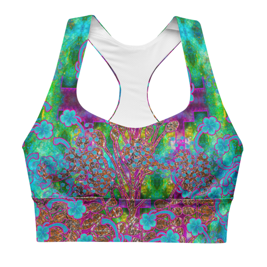 River Jade Smithy by River Jade Smith Travis Huffaker, RJSTH@Fabric #11 , stunning, handmade, print on demand, longline sports bra, Electric blues and purples in abstract geometries compose this custom fabric.   Created from the colors of Raku sculpture. Built by RJSTH from original art. Sports wear, lingerie, active wear, a hint of magic.   Images of blue flowers on woven copper stems (Windsong) adorn the image.  Windsong Flower Collection on RJSTH@Fabric#11, front