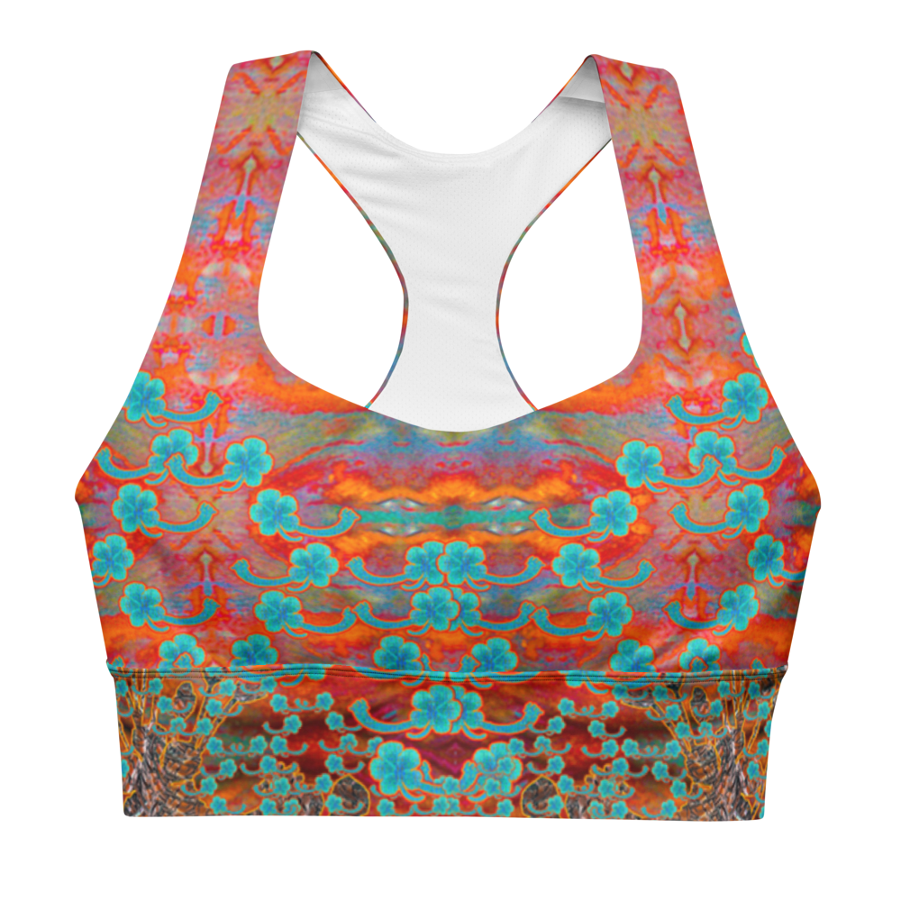 River Jade Smithy by River Jade Smith Travis Huffaker, RJSTH@Fabric #12 , stunning, handmade, print on demand, longline sports bra, Fire reds, oranges, kiln smoke gray and blue a compose this custom fabric.   Created from the colors of Raku sculpture. Built by RJSTH from original art. Sports wear, lingerie, active wear, a hint of magic.   Images of blue flowers on woven copper stems (Windsong) adorn the image.  Windsong Flower Collection on RJSTH@Fabric#12, front