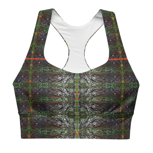River Jade Smithy, by River Jade Smith Travis Huffaker,  Tree Link w/  Rind#2, glorious, elegant shape, handmade, print on demand, longline sports bra, Tree Link, images of bands of Hammered weaves of dark copper, silver beads, with a rind of green with orange cutouts, compose this custom print fabric.   Created from RJSTH Smithed Jewelry.  Sports wear, lingerie, active wear, a hint of magic,  Plus size included!  Tree Link Collection with Rind #2, companion to RJSTH@Fabric#2, front