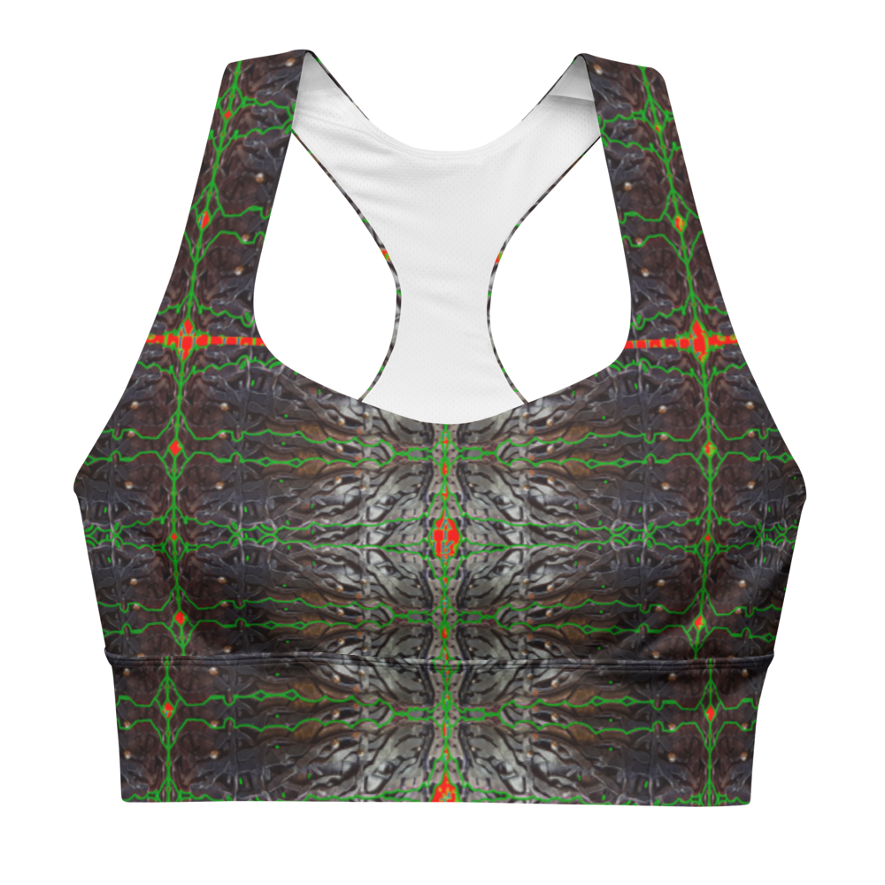 River Jade Smithy, by River Jade Smith Travis Huffaker,  Tree Link w/  Rind#3, glorious, elegant shape handmade, print on demand, longline sports bra, Tree Link, images of bands of Hammered weaves of dark copper, silver beads, with a rind of green with orange cutouts, compose this custom print fabric.   Created from RJSTH Smithed Jewelry. Sportswear, lingerie, active wear, a hint of magic  Plus size included!  Tree Link Collection with Rind #3, companion to RJSTH@Fabric#3, front