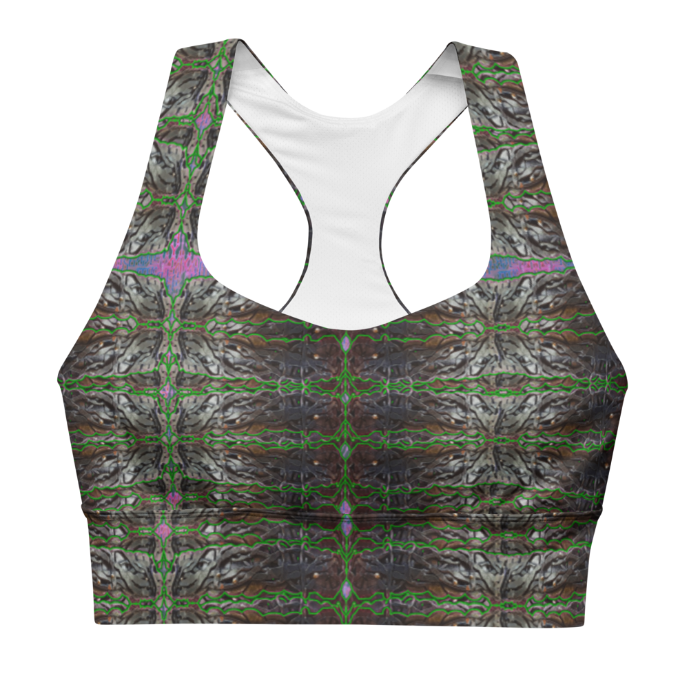 River Jade Smithy, by River Jade Smith Travis Huffaker,  Tree Link w/  Rind#4, glorious, elegant shape, handmade, print on demand, longline sports bra, Tree Link, images of bands of Hammered weaves of dark copper, silver beads, with a rind of green with purple cutouts, compose this custom print fabric.   Created from RJSTH Smithed Jewelry.   Sportswear, lingerie, active wear, a hint of magic.  Plus size included!  Tree Link Collection with Rind #4, companion to RJSTH@Fabric#4, front