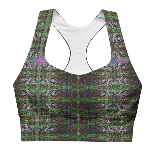 River Jade Smithy, by River Jade Smith Travis Huffaker,  Tree Link w/  Rind#4, glorious, elegant shape, handmade, print on demand, longline sports bra, Tree Link, images of bands of Hammered weaves of dark copper, silver beads, with a rind of green with purple cutouts, compose this custom print fabric.   Created from RJSTH Smithed Jewelry.   Sportswear, lingerie, active wear, a hint of magic.  Plus size included!  Tree Link Collection with Rind #4, companion to RJSTH@Fabric#4, front
