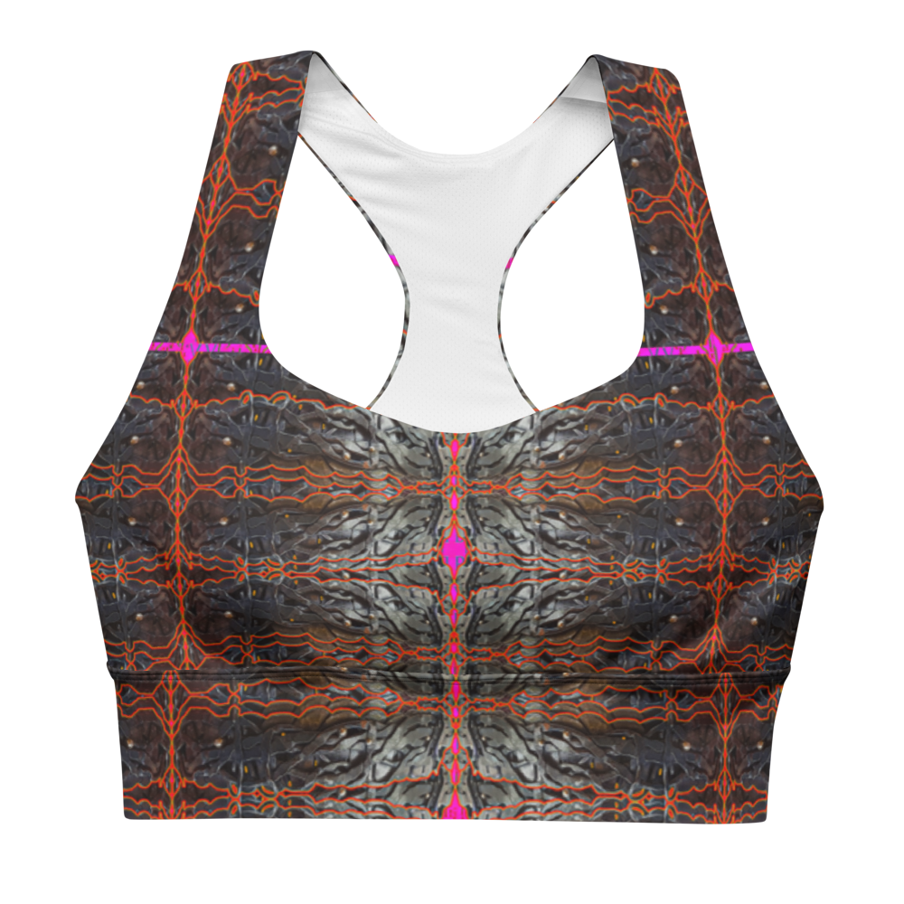 River Jade Smithy, by River Jade Smith Travis Huffaker,  Tree Link w/  Rind#7, glorious, elegant shape, handmade, print on demand, longline sports bra, Tree Link, images of bands of Hammered weaves of dark copper, silver beads, with a rind of rust red with pink cutouts, compose this custom print fabric.   Created from RJSTH Smithed Jewelry.  Sportswear, lingerie, active wear, a hint of magic.  Plus size included!  Tree Link Collection with Rind #7, companion to RJSTH@Fabric#7, front