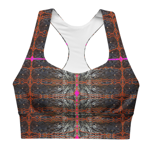 River Jade Smithy, by River Jade Smith Travis Huffaker,  Tree Link w/  Rind#7, glorious, elegant shape, handmade, print on demand, longline sports bra, Tree Link, images of bands of Hammered weaves of dark copper, silver beads, with a rind of rust red with pink cutouts, compose this custom print fabric.   Created from RJSTH Smithed Jewelry.  Sportswear, lingerie, active wear, a hint of magic.  Plus size included!  Tree Link Collection with Rind #7, companion to RJSTH@Fabric#7, front
