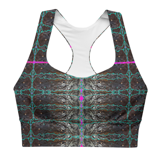 River Jade Smithy, by River Jade Smith Travis Huffaker,  Tree Link w/  Rind#8, glorious, elegant shape, handmade, print on demand, longline sports bra, Tree Link, images of bands of Hammered weaves of dark copper, silver beads, with a rind of blue with pink cutouts, compose this custom print fabric.   Created from RJSTH Smithed Jewelry.  Sportswear, lingerie, active wear, a hint of magic.  Plus size included!  Tree Link Collection with Rind #8, companion to RJSTH@Fabric#8, front