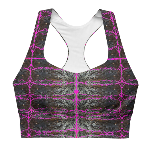 River Jade Smithy, by River Jade Smith Travis Huffaker,  Tree Link w/  Rind#9, glorious, elegant shape, handmade, print on demand, longline sports bra, Tree Link, images of bands of Hammered weaves of dark copper, silver beads, with a rind of pink and lavender with pink cutouts, compose this custom print fabric.   Created from RJSTH Smithed Jewelry. Sportswear, lingerie, active wear, a hint of magic,  Plus size included!  Tree Link Collection with Rind #9, companion to RJSTH@Fabric#9, front
