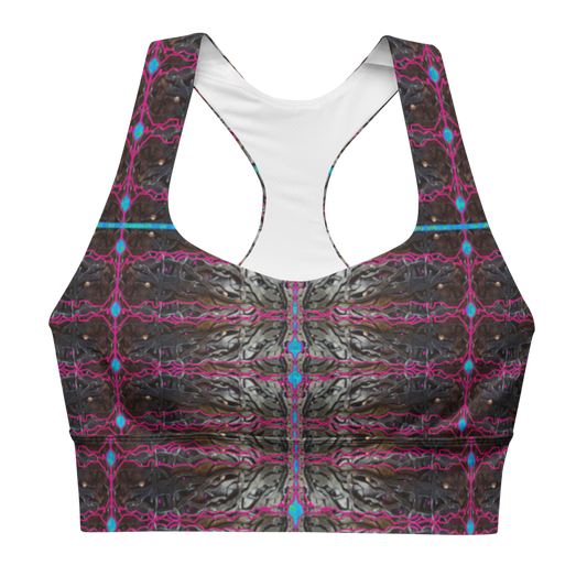 River Jade Smithy, by River Jade Smith Travis Huffaker,  Tree Link w/  Rind#11, glorious, elegant shape, handmade, print on demand, longline sports bra, Tree Link, images of bands of Hammered weaves of dark copper, silver beads, with a rind of purple with blue cutouts, compose this custom print fabric.   Created from RJSTH Smithed Jewelry.  Sportswear, lingerie, active wear, a hint of magic.  Plus size included!  Tree Link Collection with Rind #11, companion to RJSTH@Fabric#11, front