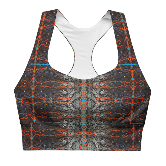 River Jade Smithy, by River Jade Smith Travis Huffaker,  Tree Link w/  Rind#12, glorious, elegant shape, handmade, print on demand, longline sports bra, Tree Link, images of bands of Hammered weaves of dark copper, silver beads, with a rind of brown with blue cutouts, compose this custom print fabric.   Created from RJSTH Smithed Jewelry.   Sportswear, lingerie, active wear, a hint of magic.  Plus size included!  Tree Link Collection with Rind #12, companion to RJSTH@Fabric#12, front