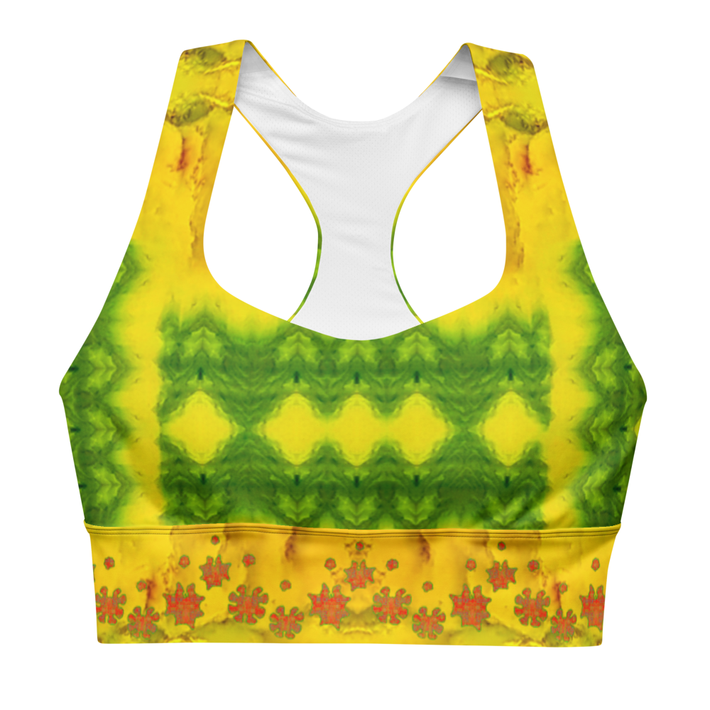 River Jade Smithy, by River Jade Smith Travis Huffaker, RJSTHFabric #1 ,  stunning, handmade, print on demand, longline sports bra,  bright yellow jade, with square and swirl shape,swirls of green stone,  compose this custom print on demand fabric.   Created from the colors of actual Jade.   Built by RJSTH from original images. Sports wear, lingerie, active wear, a hint of magic.   Front, Decorated with orange  grail flowers, adorn the image.  Grail  Flower Collective, on RJSTH@Fabric #1