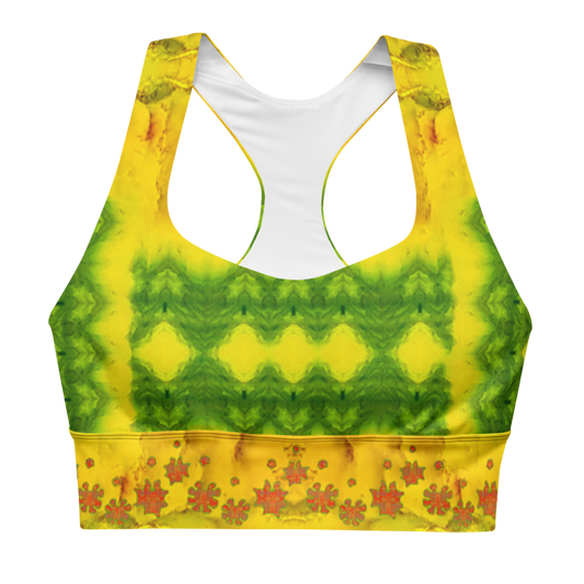 River Jade Smithy, by River Jade Smith Travis Huffaker, RJSTHFabric #1 ,  stunning, handmade, print on demand, longline sports bra,  bright yellow jade, with square and swirl shape,swirls of green stone,  compose this custom print on demand fabric.   Created from the colors of actual Jade.   Built by RJSTH from original images. Sports wear, lingerie, active wear, a hint of magic.   Front, Decorated with orange  grail flowers, adorn the image.  Grail  Flower Collective, on RJSTH@Fabric #1