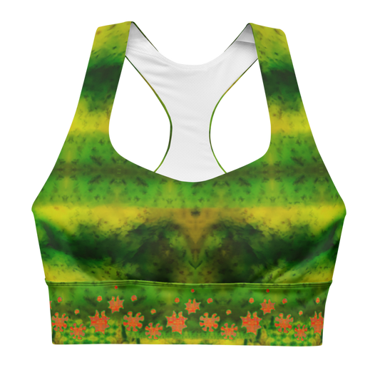 River Jade Smithy, by River Jade Smith Travis Huffaker, RJSTHFabric #3, stunning, handmade, print on demand, longline sports bra,  bright green jade, swirls of darker green stone,  compose this custom print on demand fabric.   Created from the colors of actual Jade.   Built by RJSTH from original images. Sports wear, lingerie, active wear, a hint of magic. Front, Decorated with orange grail flowers, adorning the bottom of the sports bra. Grail Flower Collective, on RJSTH@Fabric #3, front