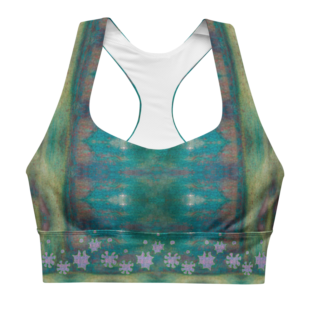 River Jade Smithy, by River Jade Smith Travis Huffaker, RJSTHFabric #4, stunning, handmade, print on demand, longline sports bra,   deep blue, green glass, purples,  kiln smoke grays,  compose this custom fabric.   Created from the colors of Raku sculpture. Built by RJSTH from original art. Sports wear, lingerie, active wear, a hint of magic. Front, Decorated with orange grail flowers, adorning the bottom of the sports bra. Grail Flower Collective, on RJSTH@Fabric #4, front