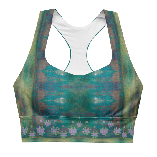River Jade Smithy, by River Jade Smith Travis Huffaker, RJSTHFabric #4, stunning, handmade, print on demand, longline sports bra,   deep blue, green glass, purples,  kiln smoke grays,  compose this custom fabric.   Created from the colors of Raku sculpture. Built by RJSTH from original art. Sports wear, lingerie, active wear, a hint of magic. Front, Decorated with orange grail flowers, adorning the bottom of the sports bra. Grail Flower Collective, on RJSTH@Fabric #4, front