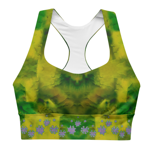 River Jade Smithy, by River Jade Smith Travis Huffaker, RJSTHFabric #5, stunning, handmade, print on demand, longline sports bra,  bright green jade, swirls of lighter & darker green,  compose this custom print on demand fabric.   Created from the colors of actual Jade.   Built by RJSTH from original images. Sports wear, lingerie, active wear, a hint of magic. Decorated with purple grail flowers, along the bottom of the sports bra. Grail Flower Collective, on RJSTH@Fabric#5, front