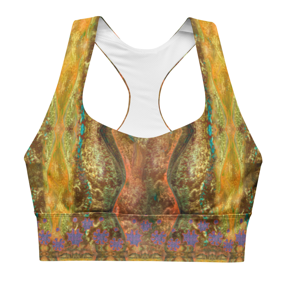 River Jade Smithy, by River Jade Smith Travis Huffaker, RJSTH@Fabric #6, stunning, handmade, print on demand, longline sports bra, reds, deep copper, bronze, blue glass rivers, compose this custom fabric.   Created from the colors of Raku sculpture. Built by RJSTH from original art. Sports wear, lingerie, active wear, a hint of magic.  Decorated with purple grail flowers, dot the bottom of the sports bra. Grail Flower Collective, on RJSTH@Fabric#6, front