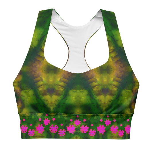 River Jade Smithy, by River Jade Smith Travis Huffaker, RJSTH@Fabric #7, stunning, handmade, print on demand, longline sports bra,  deep green jade, swirls of lighter green & darker purple,  compose this custom print on demand fabric.   Created from the colors of actual Jade.   Built by RJSTH from original images. Sports wear, lingerie, active wear, a hint of magic. Decorations of pink grail flowers, dot the bottom of the sports bra. Grail Flower Collective, on RJSTH@Fabric#7, front