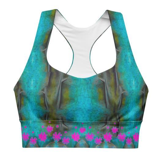 River Jade Smithy by River Jade Smith Travis Huffaker, RJSTH@Fabric #8, stunning, handmade, print on demand, longline sports bra, crackle glass blues, kiln smoke grays, mottled deep greens compose this custom fabric.   Created from the colors of Raku sculpture. Built by RJSTH from original art. Sports wear, lingerie, active wear, a hint of magic.  Pink grail flowers, dot the bottom of the sports bra. Grail Flower Collective, on RJSTH@Fabric#8, front