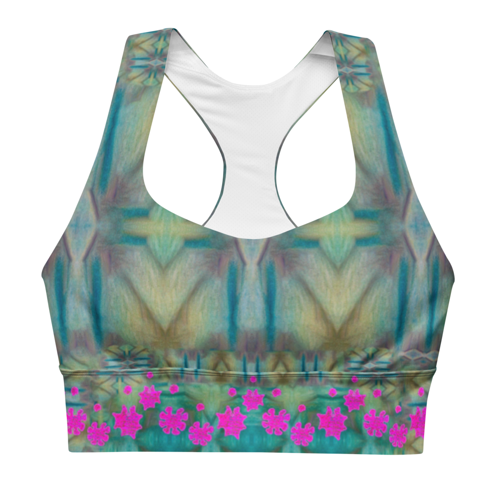 River Jade Smithy by River Jade Smith Travis Huffaker, RJSTH@Fabric #9, stunning, handmade, print on demand, longline sports bra, abstract geometries of crackle glass blues, kiln smoke grays, mottled deep greens compose this custom fabric.   Created from the colors of Raku sculpture. Built by RJSTH from original art. Sports wear, lingerie, active wear, a hint of magic.  Pink grail flowers, dot the bottom of the sports bra. Grail Flower Collective, on RJSTH@Fabric#9, front