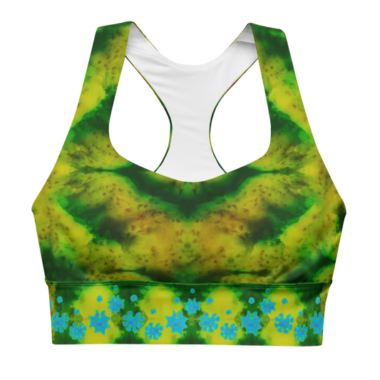 River Jade Smithy by River Jade Smith Travis Huffaker, RJSTH@Fabric #10, stunning, handmade, print on demand, longline sports bra,  waves of green jade, swirls of lighter green, mottled with red and yellow jade spots, compose this custom print on demand fabric.   Created from the colors of actual Jade.   Built by RJSTH from original images. Sports wear, lingerie, active wear, a hint of magic. Decorations of blue grail flowers, dot the bottom of the sports bra. Grail Flower Collective, RJSTH@Fabric#10, front