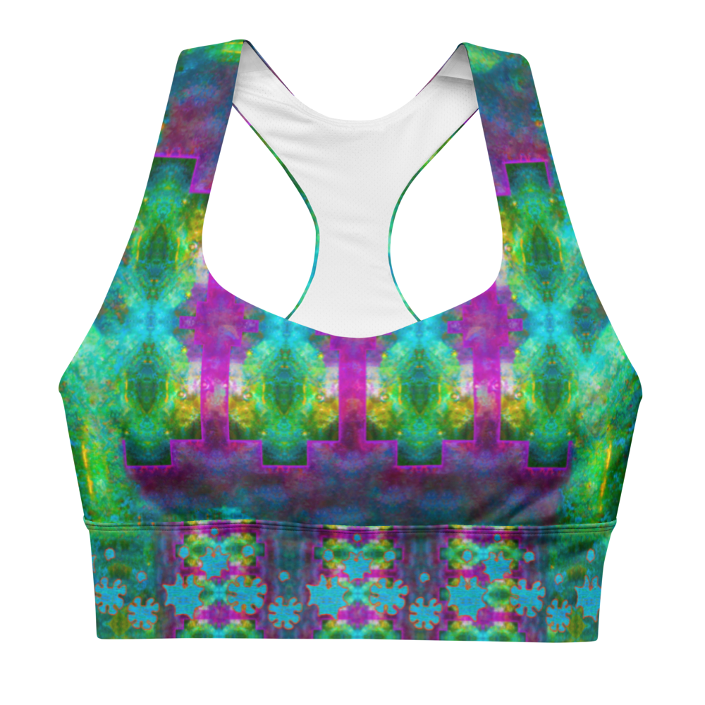 River Jade Smithy by River Jade Smith Travis Huffaker, RJSTH@Fabric #11, stunning, handmade, print on demand, longline sports bra, Electric crackles of greens, blues and purples in abstract geometries compose this custom fabric.  Created from the colors of Raku sculpture. Built by RJSTH from original art. Sports wear, lingerie, active wear, a hint of magic.  Blue grail flowers, dot the bottom of the sports bra. Grail Flower Collective, on RJSTH@Fabric#11, front