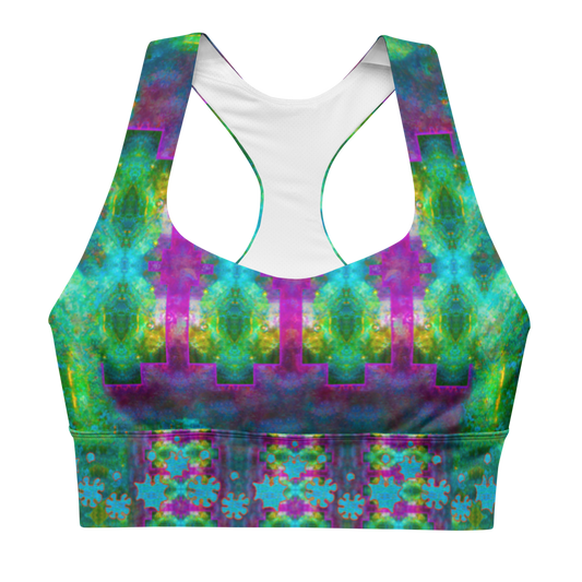 River Jade Smithy by River Jade Smith Travis Huffaker, RJSTH@Fabric #11, stunning, handmade, print on demand, longline sports bra, Electric crackles of greens, blues and purples in abstract geometries compose this custom fabric.  Created from the colors of Raku sculpture. Built by RJSTH from original art. Sports wear, lingerie, active wear, a hint of magic.  Blue grail flowers, dot the bottom of the sports bra. Grail Flower Collective, on RJSTH@Fabric#11, front