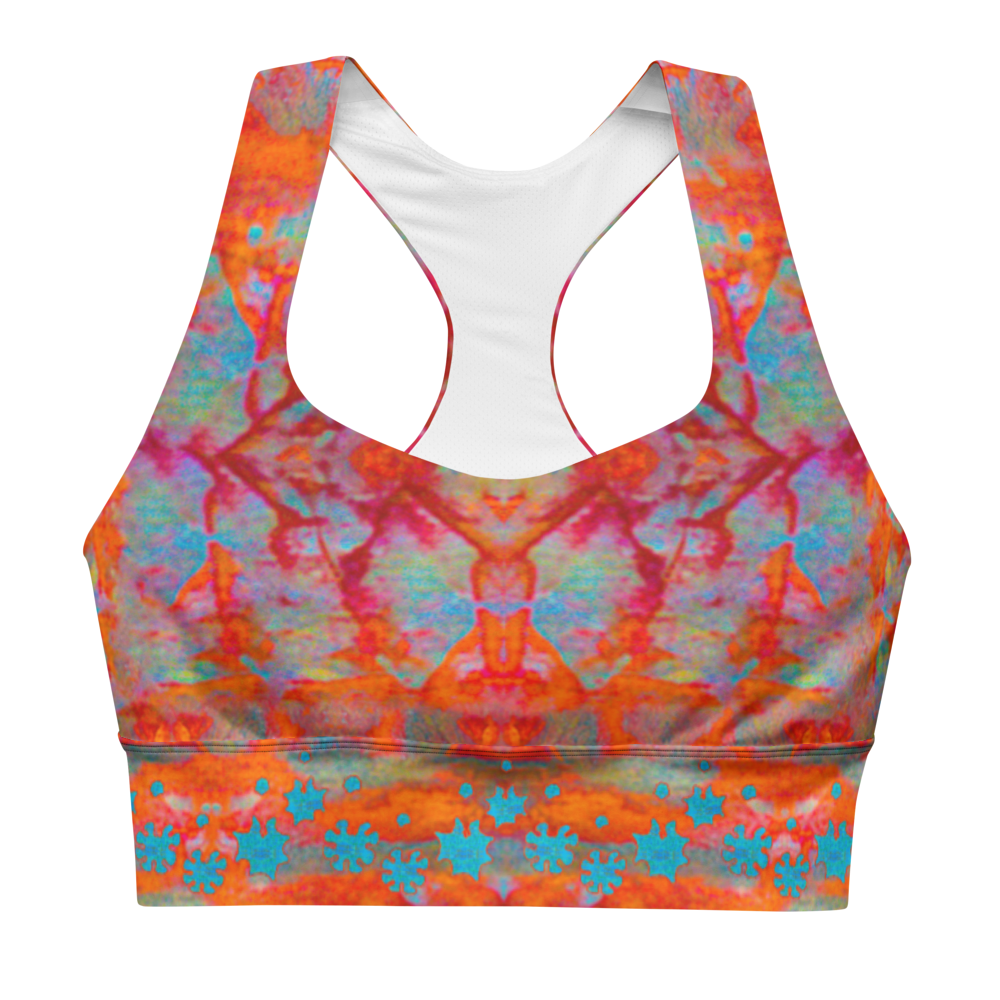 River Jade Smithy by River Jade Smith Travis Huffaker, RJSTH@Fabric #12, stunning, handmade, print on demand, longline sports bra, Fire reds, oranges, kiln smoke gray and blues compose this custom fabric.  Created from the colors of Raku sculpture. Built by RJSTH from original art. Sports wear, lingerie, active wear, a hint of magic.  Blue grail flowers, dot the bottom of the sports bra. Grail Flower Collective, on RJSTH@Fabric#12, front