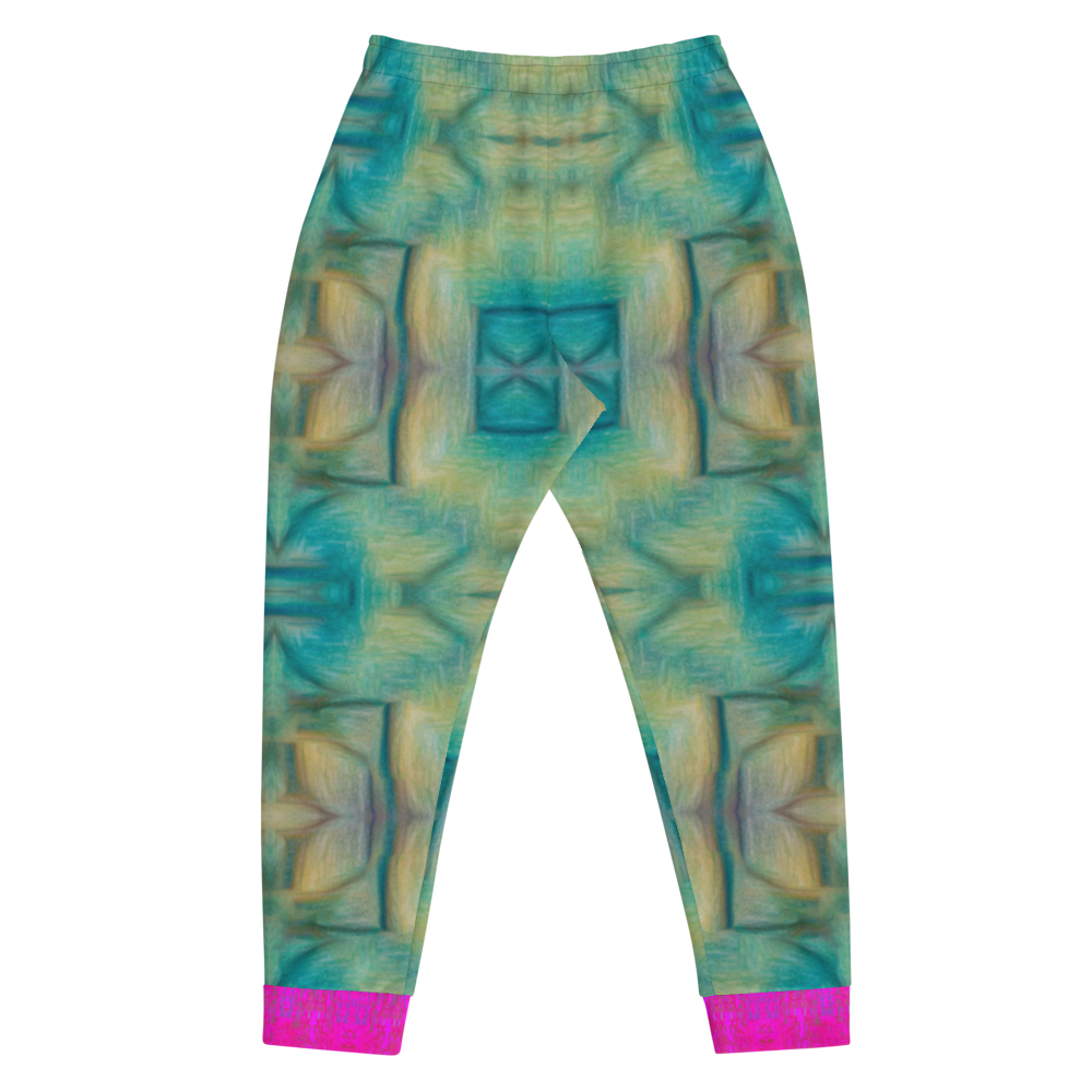 Hand Made, Print on Demand, Apparel & Accessories > Clothing > Activewear, Joggers, Sweatpants, River Jade Smithy, RJS, Travis Huffaker, RJSTH, 70% polyester, 27% cotton, 3% elastane, Slim fit, pink, Cuffed legs, pockets, Elastic waistband, drawstring, RJSTH@Fabric#9, raku, blue, green, pink, yellow, crackle, finger streaks in clay, abstract, geometric, back