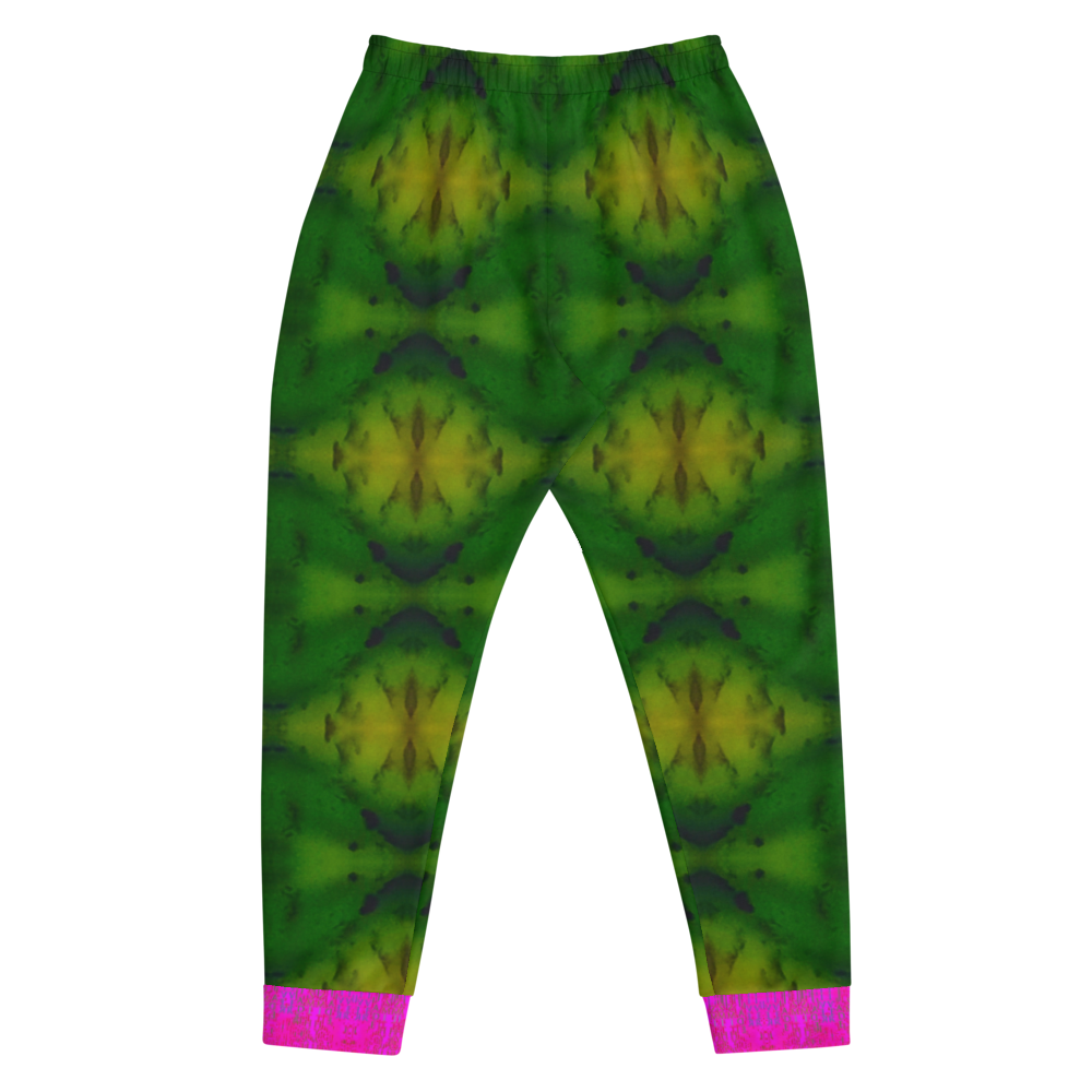 Hand Made, Print on Demand, Apparel & Accessories > Clothing > Activewear, Joggers, Sweatpants, River Jade Smithy, RJS, Travis Huffaker, RJSTH, 70% polyester, 27% cotton, 3% elastane, Slim fit, Pink, Cuffed legs, pockets, Elastic waistband, drawstring, RJSTH@Fabric#7, geometric, patterned, green, purple, jade, stone, back
