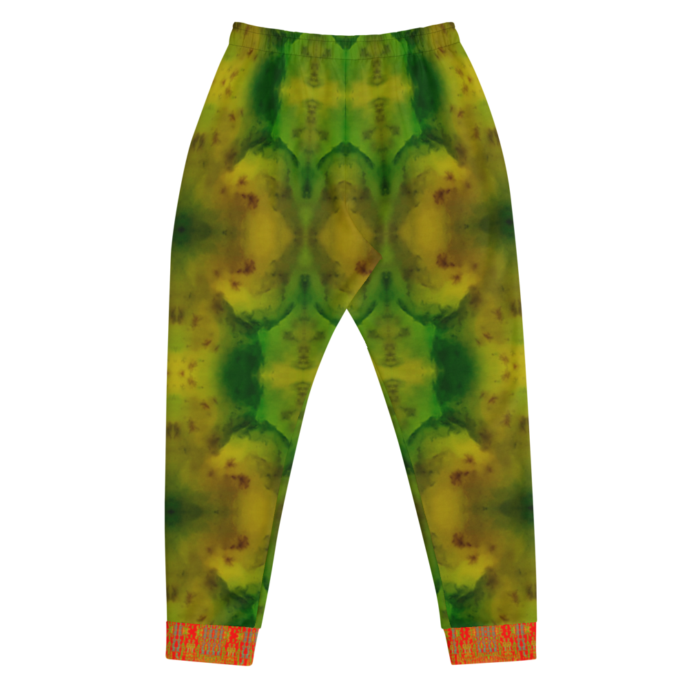 Hand Made, Print on Demand, Apparel & Accessories > Clothing > Activewear, Joggers, Sweatpants, River Jade Smithy, RJS, Travis Huffaker, RJSTH, 70% polyester, 27% cotton, 3% elastane, Slim fit, Cuffed legs, pockets, Elastic waistband, drawstring, RJSTH@Fabric#3, geometric, mottled, green, jade, orange, cuff, love, back
