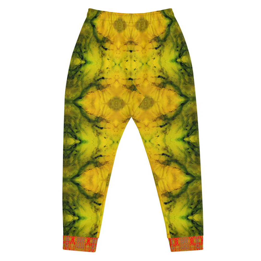 Hand Made, Print on Demand, Apparel & Accessories > Clothing > Activewear, Joggers, Sweatpants, River Jade Smithy, RJS, Travis Huffaker, RJSTH, 70% polyester, 27% cotton, 3% elastane, Slim fit, Cuffed legs, pockets, Elastic waistband, drawstring, RJSTH@Fabric#1,  geometric, yellow, jade, green, crystal, orange, cuff, back