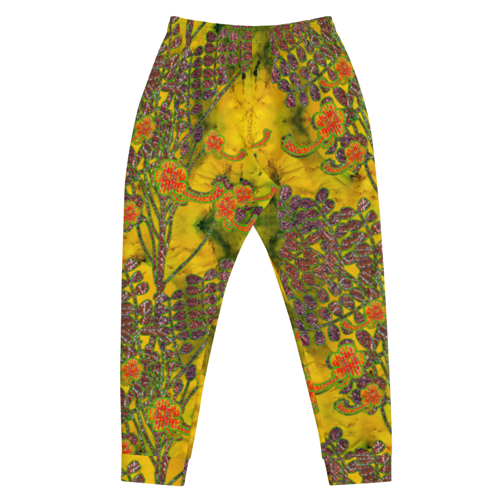 Hand Made, Print on Demand, Apparel & Accessories > Clothing > Activewear, Joggers, Sweatpants, River Jade Smithy, RJS, Travis Huffaker, RJSTH, 70% polyester, 27% cotton, 3% elastane, Slim fit, Cuffed legs, pockets, Elastic waistband, drawstring, RJSTH@Fabric#1, WindSong Flower, yellow, jade, orange, flower, copper, back