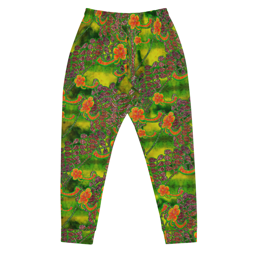 Hand Made, Print on Demand, Apparel & Accessories > Clothing > Activewear, Joggers, Sweatpants, River Jade Smithy, RJS, Travis Huffaker, RJSTH, 70% polyester, 27% cotton, 3% elastane, Slim fit, Cuffed legs, pockets, Elastic waistband, drawstring, RJSTH@Fabric#3, WindSong Flower, jade, green, orange, flowers, copper, back