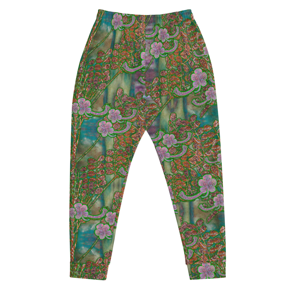 Hand Made, Print on Demand, Apparel & Accessories > Clothing > Activewear, Joggers, Sweatpants, River Jade Smithy, RJS, Travis Huffaker, RJSTH, 70% polyester, 27% cotton, 3% elastane, Slim fit, Cuffed legs, pockets, Elastic waistband, drawstring, RJSTH@Fabric#4, WindSong Flower, green, crackle, purple, flowers, copper, back